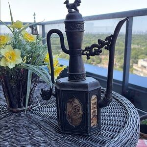 Vintage Black Metal Teapot with Intricate Design And HandPainted  Glass Panels